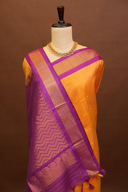 Pure Kuppadam Silk Cotton Saree - Light Orange with Purple