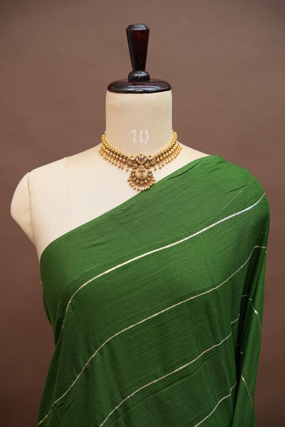 Mulmul Cotton Saree with Tassels - Bottle Green