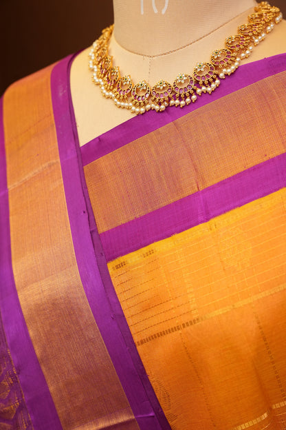 Pure Kuppadam Silk Cotton Saree - Light Orange with Purple