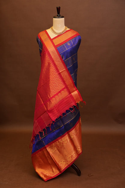 Pure Kuppadam Silk Cotton Saree - Royal Blue and Red