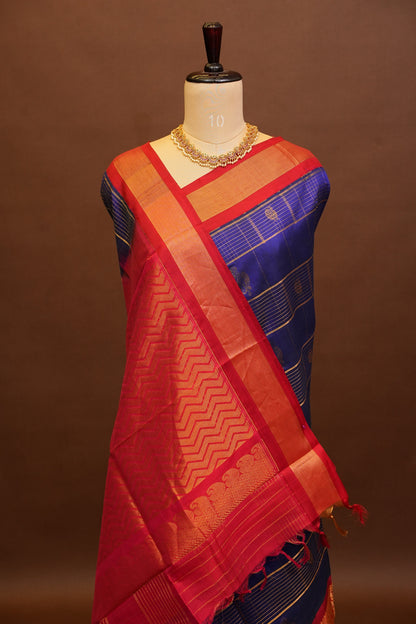 Pure Kuppadam Silk Cotton Saree - Royal Blue and Red