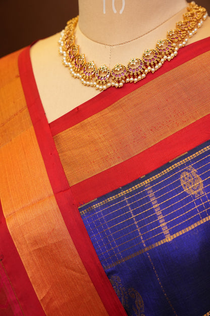 Pure Kuppadam Silk Cotton Saree - Royal Blue and Red