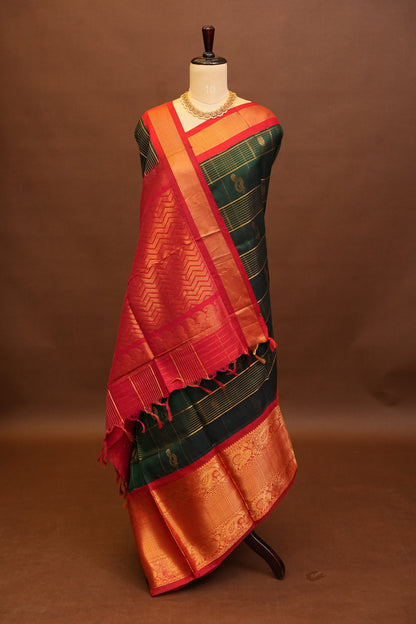 Pure Kuppadam Silk Cotton Saree - Bottle Green