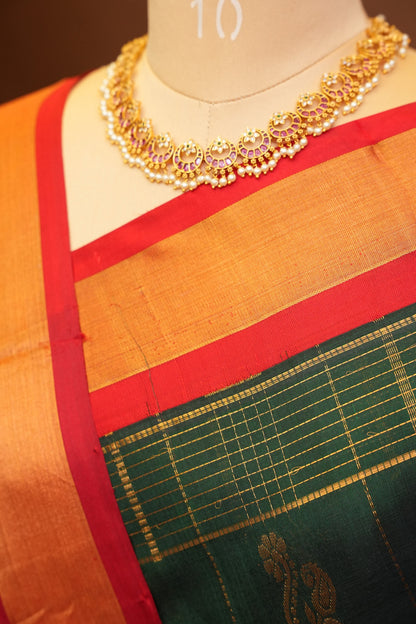 Pure Kuppadam Silk Cotton Saree - Bottle Green