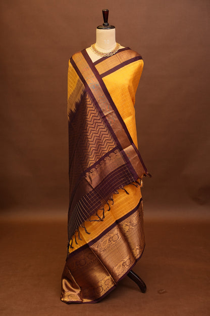 Pure Kuppadam Silk Cotton Saree - Gold Beige with Coffee