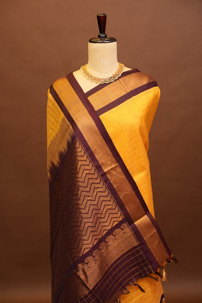 Pure Kuppadam Silk Cotton Saree - Gold Beige with Coffee