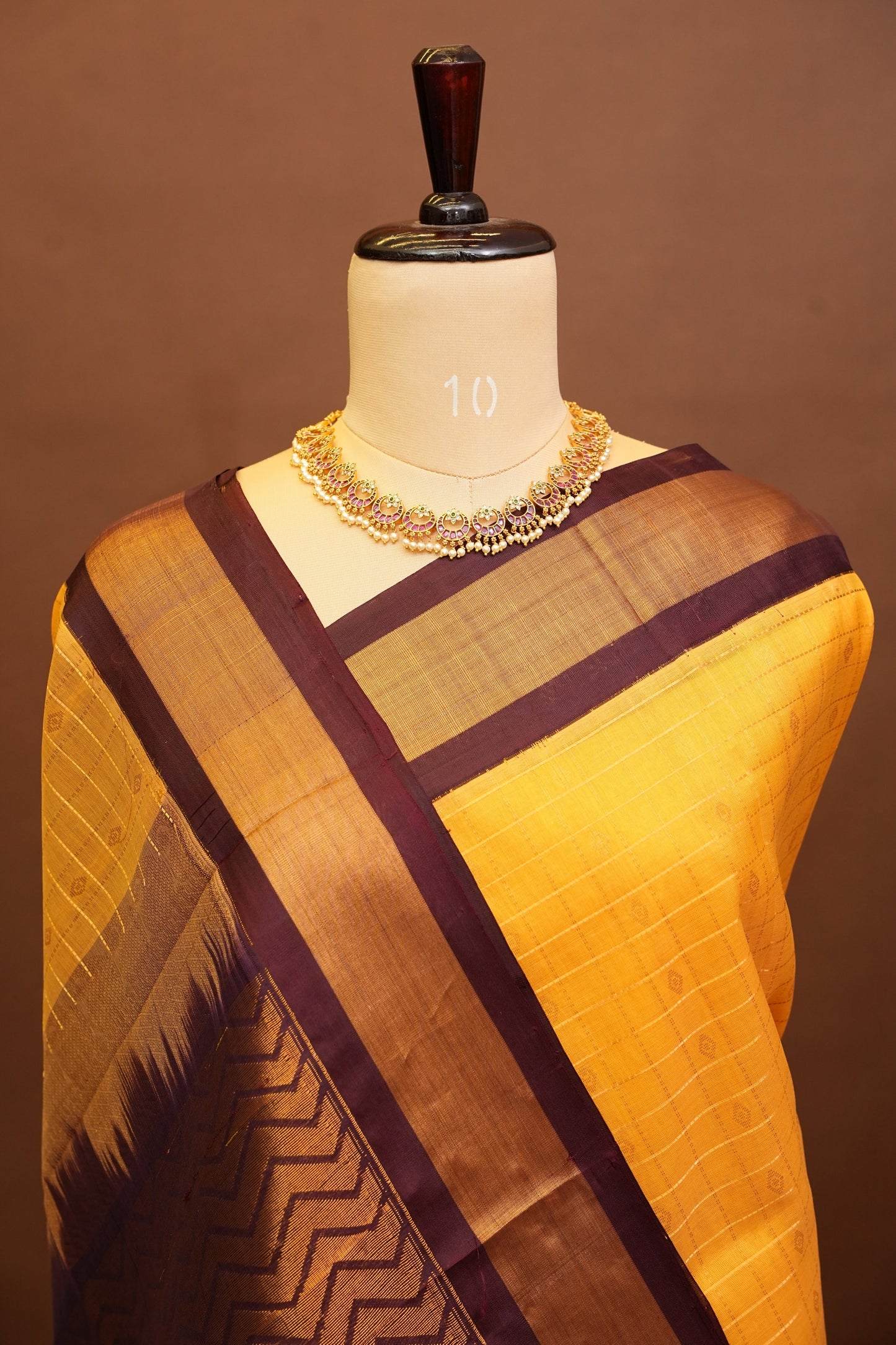 Pure Kuppadam Silk Cotton Saree - Gold Beige with Coffee