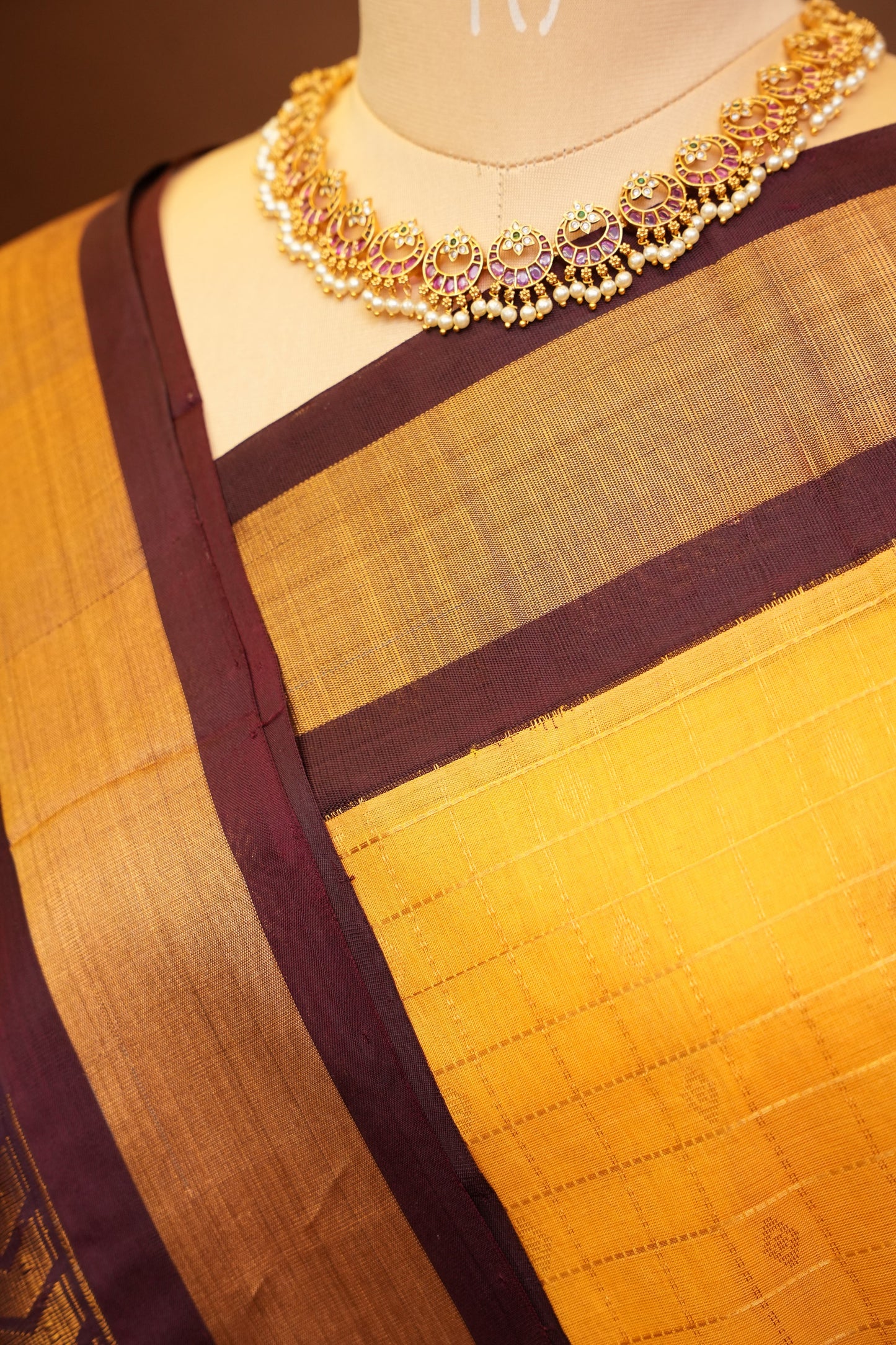 Pure Kuppadam Silk Cotton Saree - Gold Beige with Coffee