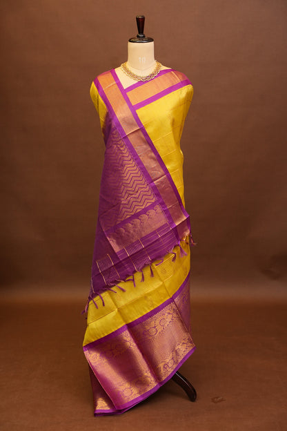 Pure Kuppadam Silk Cotton Saree - Yellow & Purple