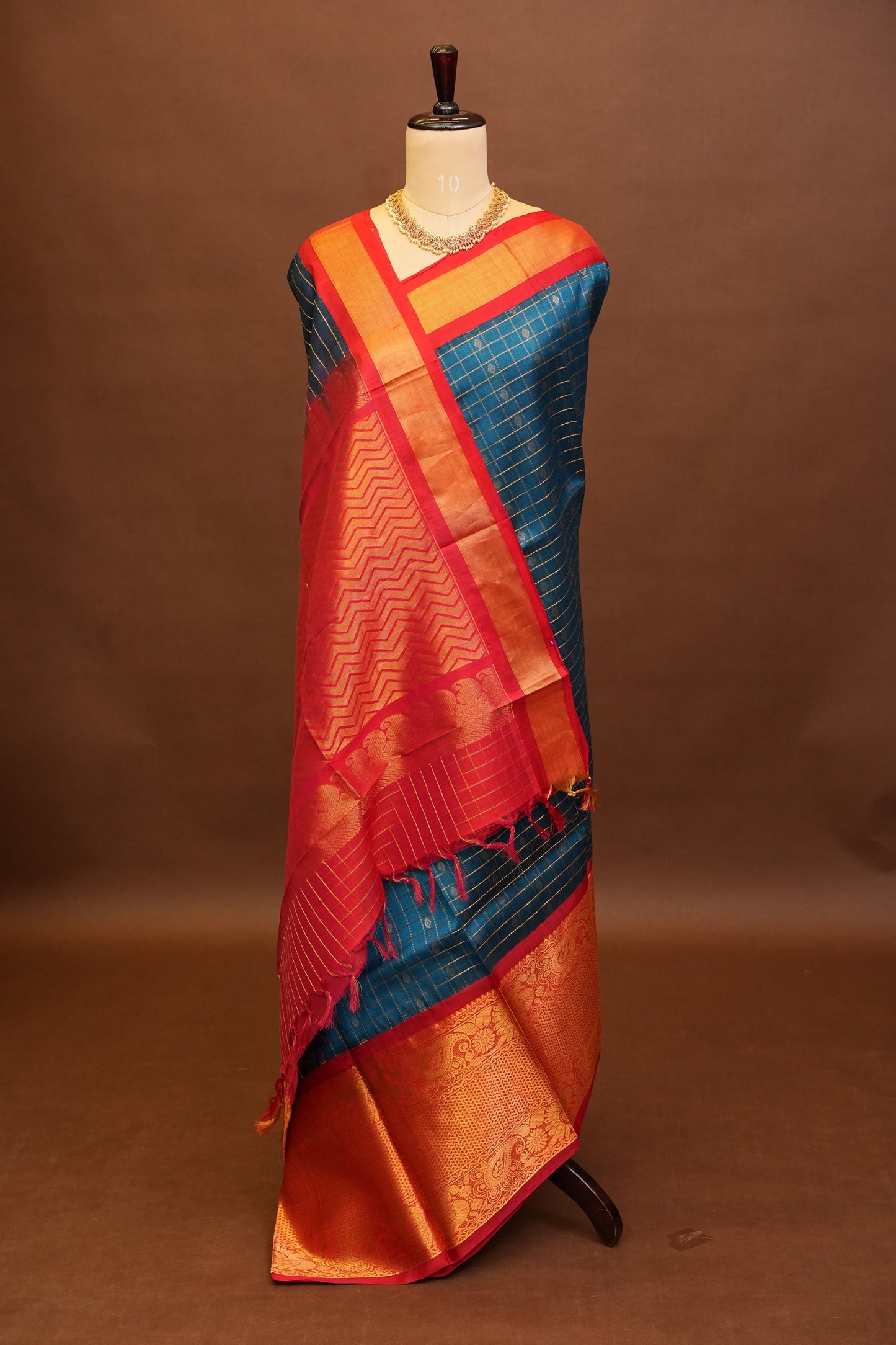 Pure Kuppadam Silk Cotton Saree - Teal Blue & Red
