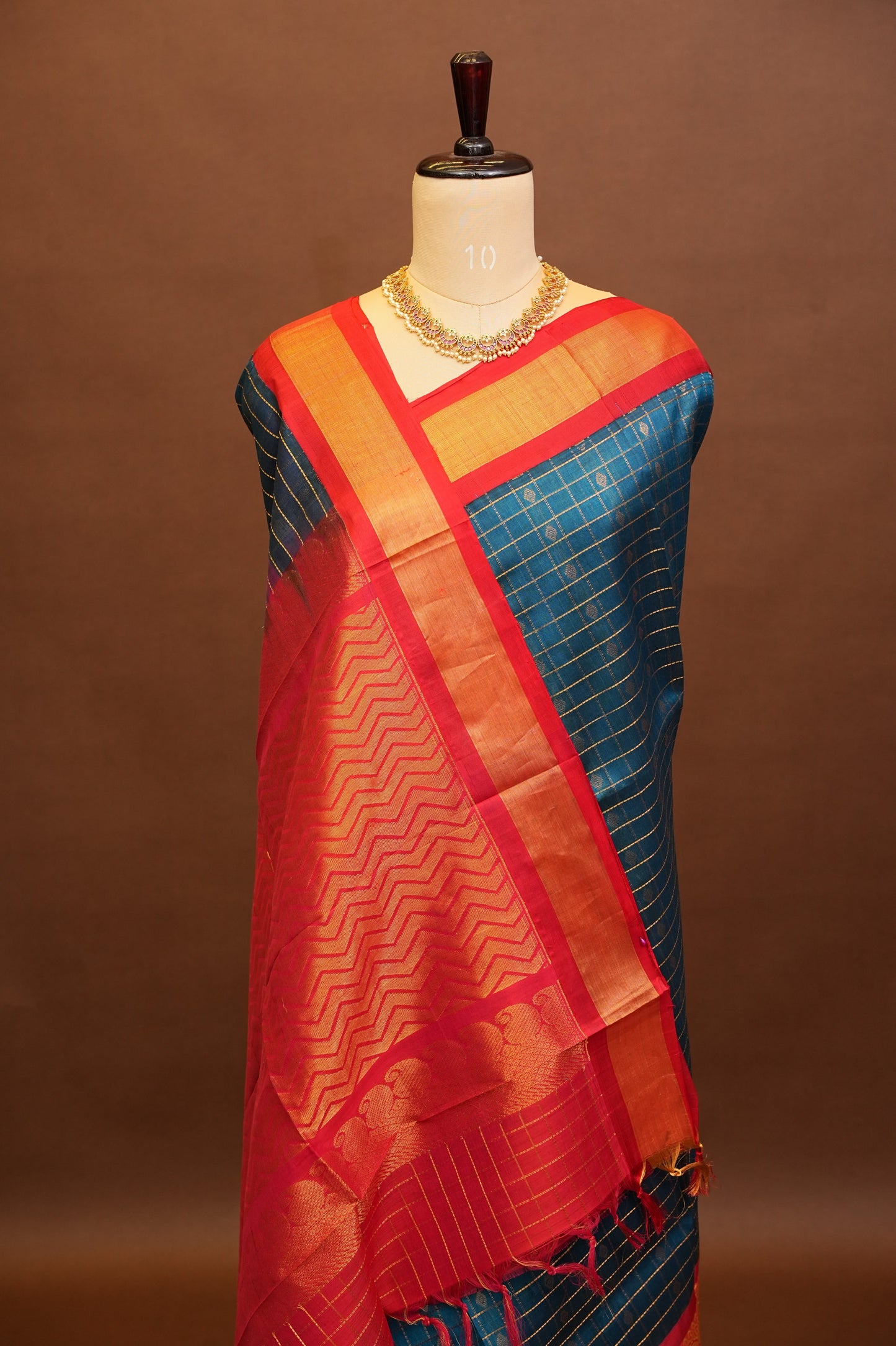 Pure Kuppadam Silk Cotton Saree - Teal Blue & Red