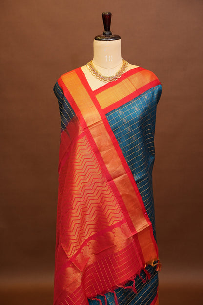 Pure Kuppadam Silk Cotton Saree - Teal Blue & Red