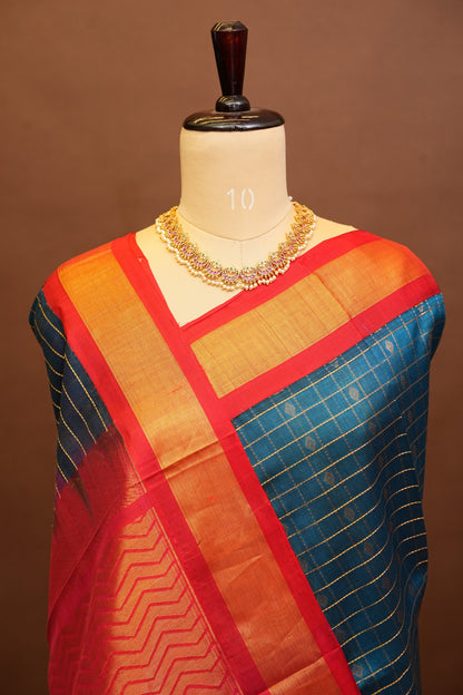 Pure Kuppadam Silk Cotton Saree - Teal Blue & Red