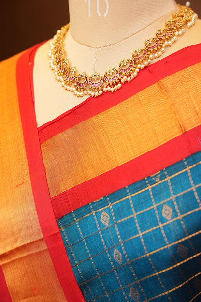 Pure Kuppadam Silk Cotton Saree - Teal Blue & Red