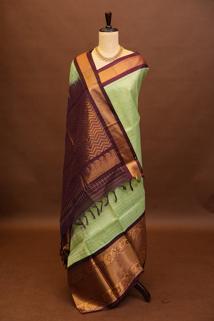 Pure Kuppadam Silk Cotton Saree - Pistachio Green & Coffee