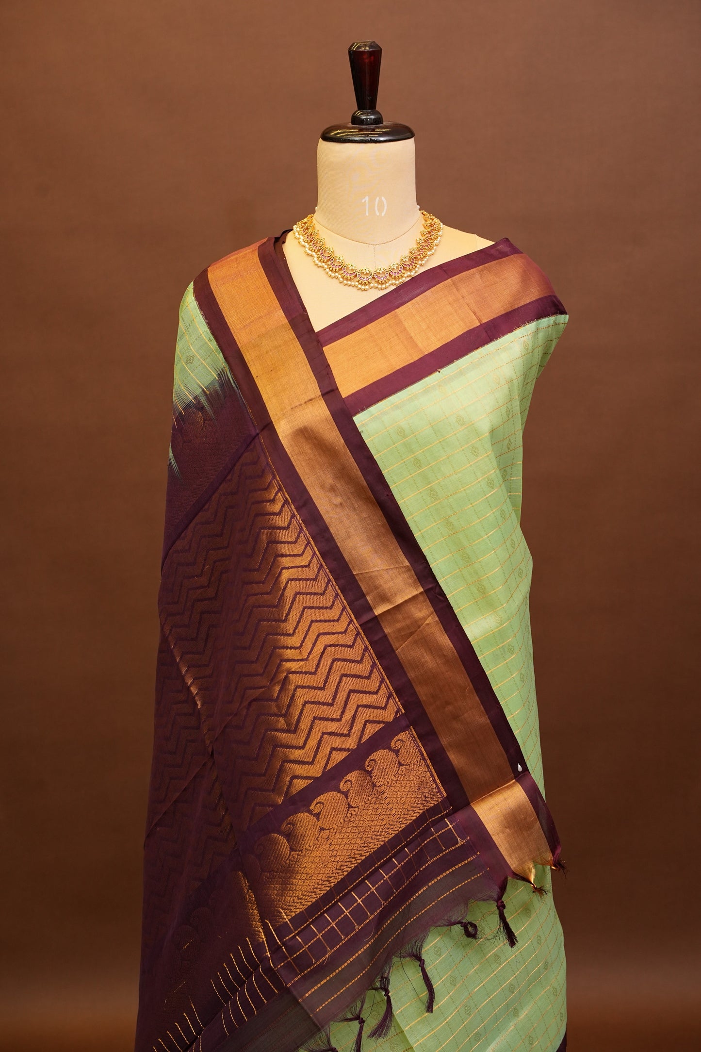 Pure Kuppadam Silk Cotton Saree - Pistachio Green & Coffee