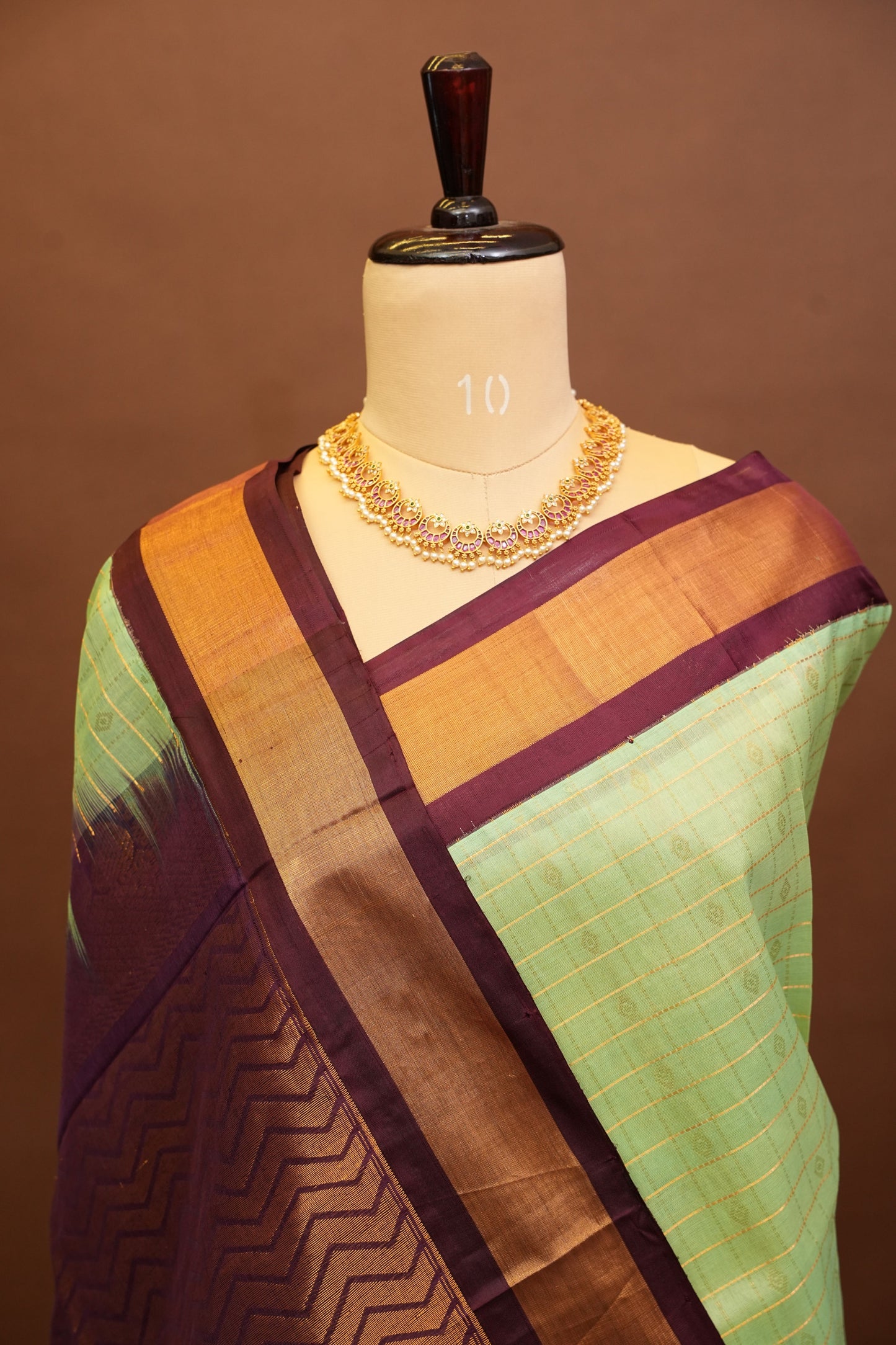 Pure Kuppadam Silk Cotton Saree - Pistachio Green & Coffee
