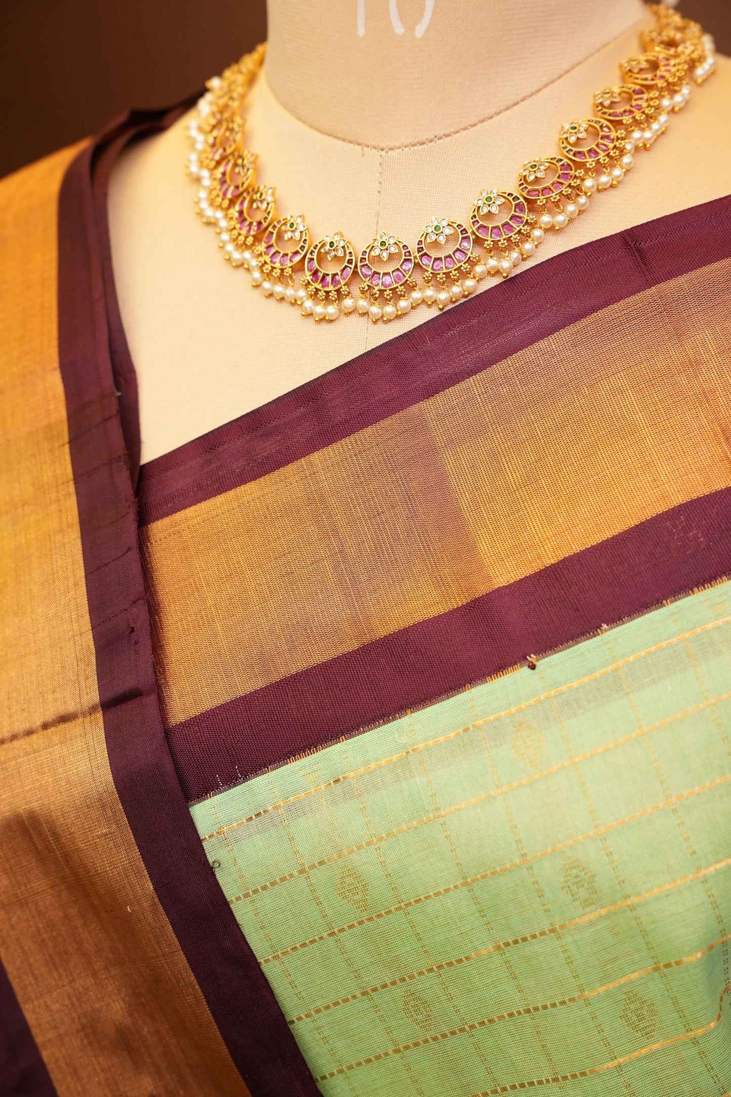 Pure Kuppadam Silk Cotton Saree - Pistachio Green & Coffee