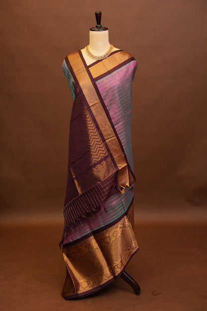 Pure Kuppadam Silk Cotton Saree - Steel Blue & Pink