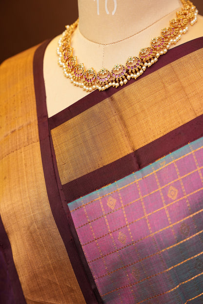 Pure Kuppadam Silk Cotton Saree - Steel Blue & Pink