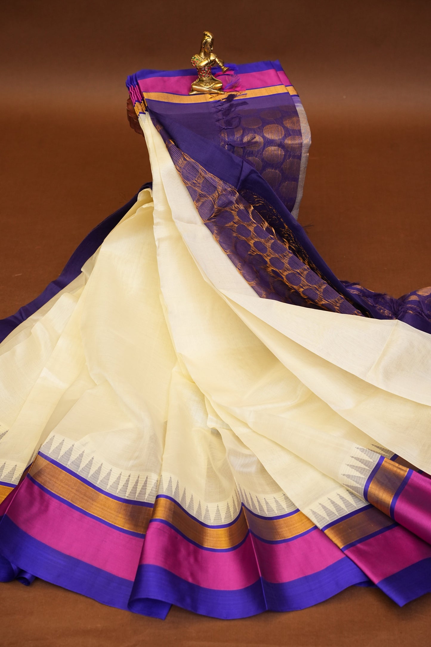 Pure Kuppadam Korvai Silk Cotton Pattu Saree-Ivory & Blue