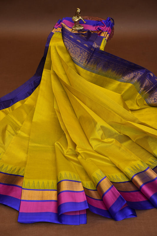 Pure Kuppadam Korvai Silk Cotton Pattu Saree-Parrot Green and Royal Blue