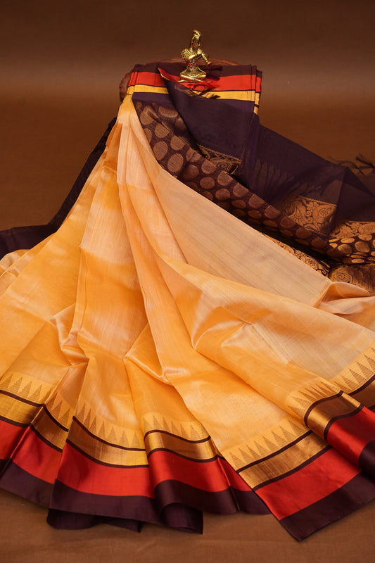 Pure Kuppadam Korvai Silk Cotton Pattu Saree-Soft Beige & Coffee