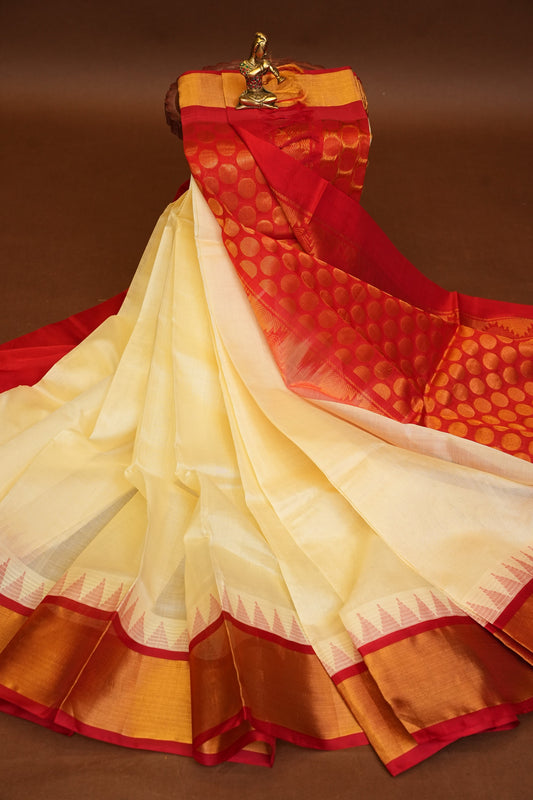 Pure Kuppadam Korvai Silk Cotton Pattu Saree-Ivory & Red