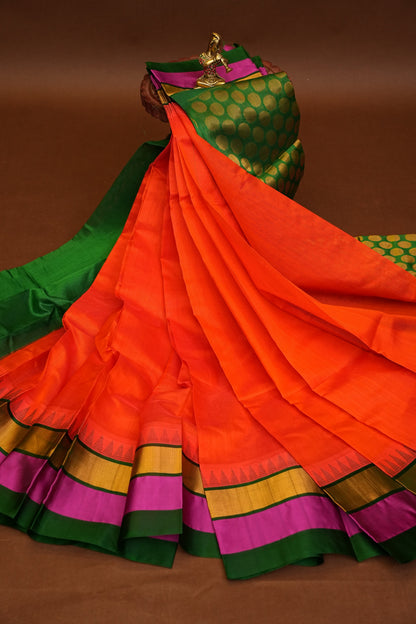 Pure Kuppadam Korvai Silk Cotton Pattu Saree-Orange & Green