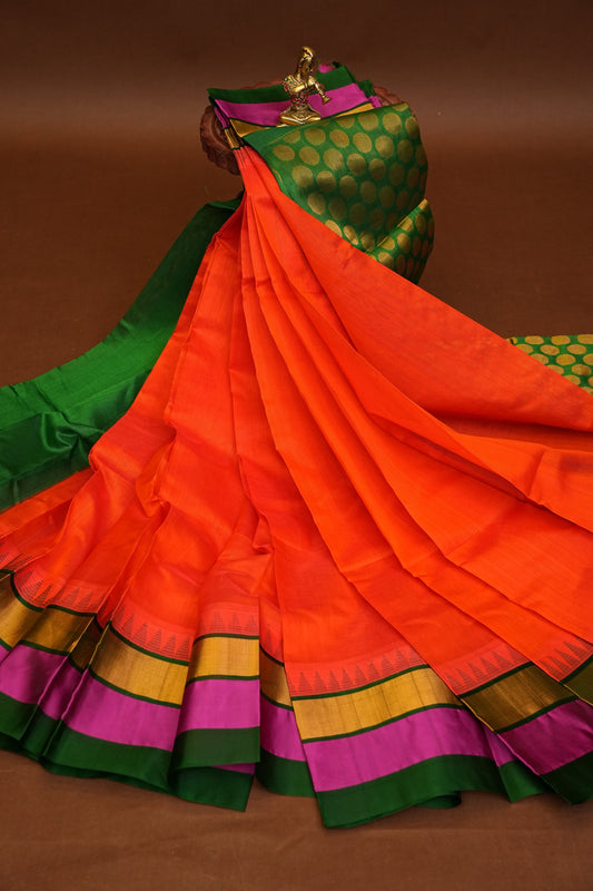 Pure Kuppadam Korvai Silk Cotton Pattu Saree-Orange & Green