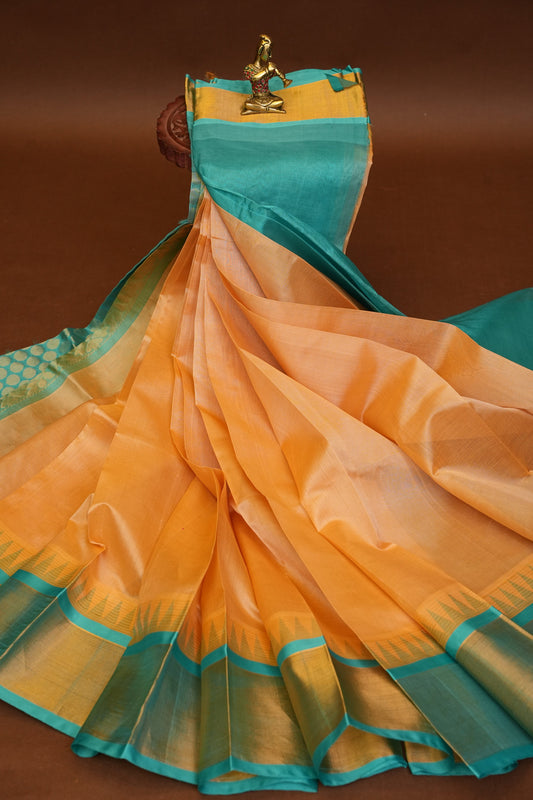 Pure Kuppadam Korvai Silk Cotton Pattu Saree-Ivory & Turquoise Green