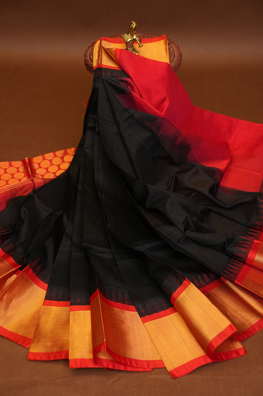 Pure Kuppadam Korvai Silk Cotton Pattu Saree-Black & Red