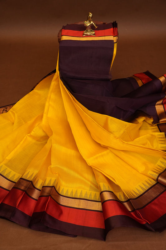 Pure Kuppadam Korvai Silk Cotton Pattu Saree-Soft Yellow & Black