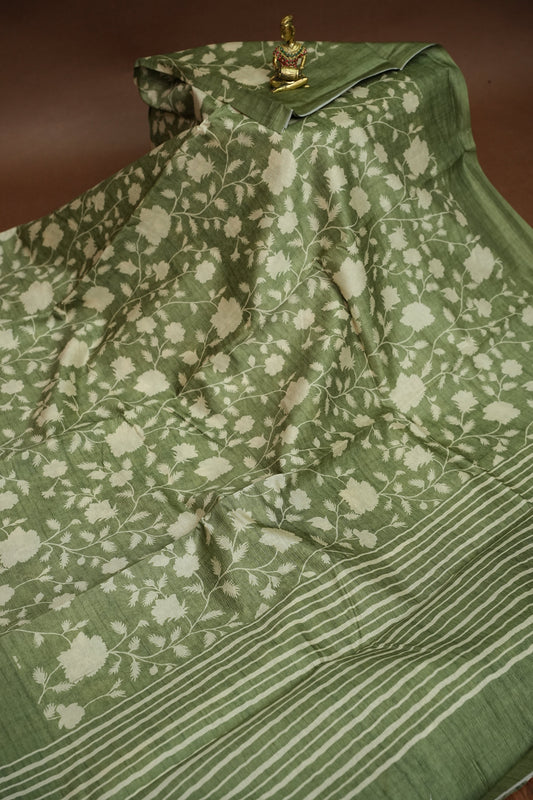 Semi Raw Silk Floral Saree – Sage Green