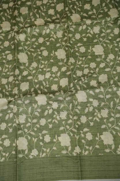Semi Raw Silk Floral Saree – Sage Green