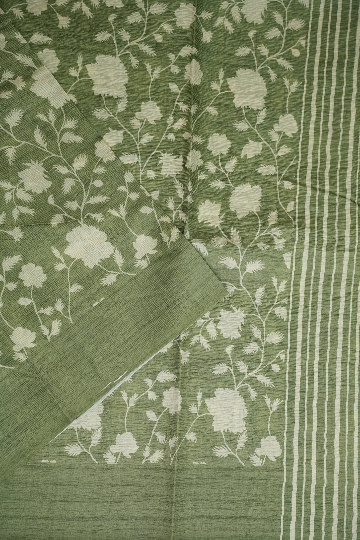 Semi Raw Silk Floral Saree – Sage Green
