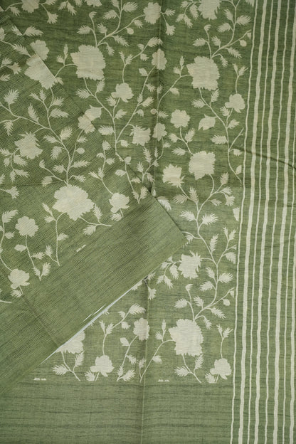 Semi Raw Silk Floral Saree – Sage Green