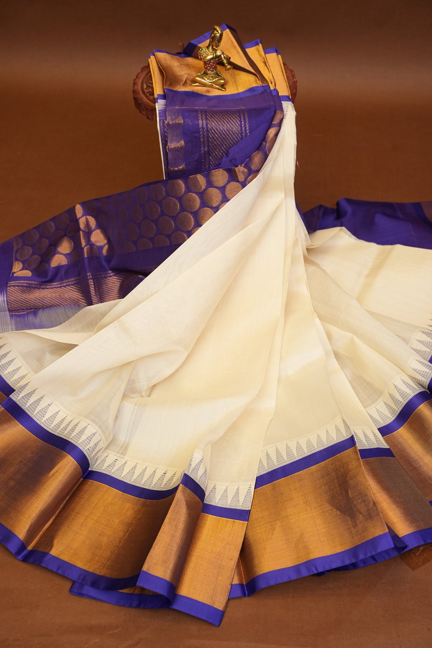 Pure Kuppadam Korvai Silk Cotton Pattu Saree-Ivory & Royal Blue