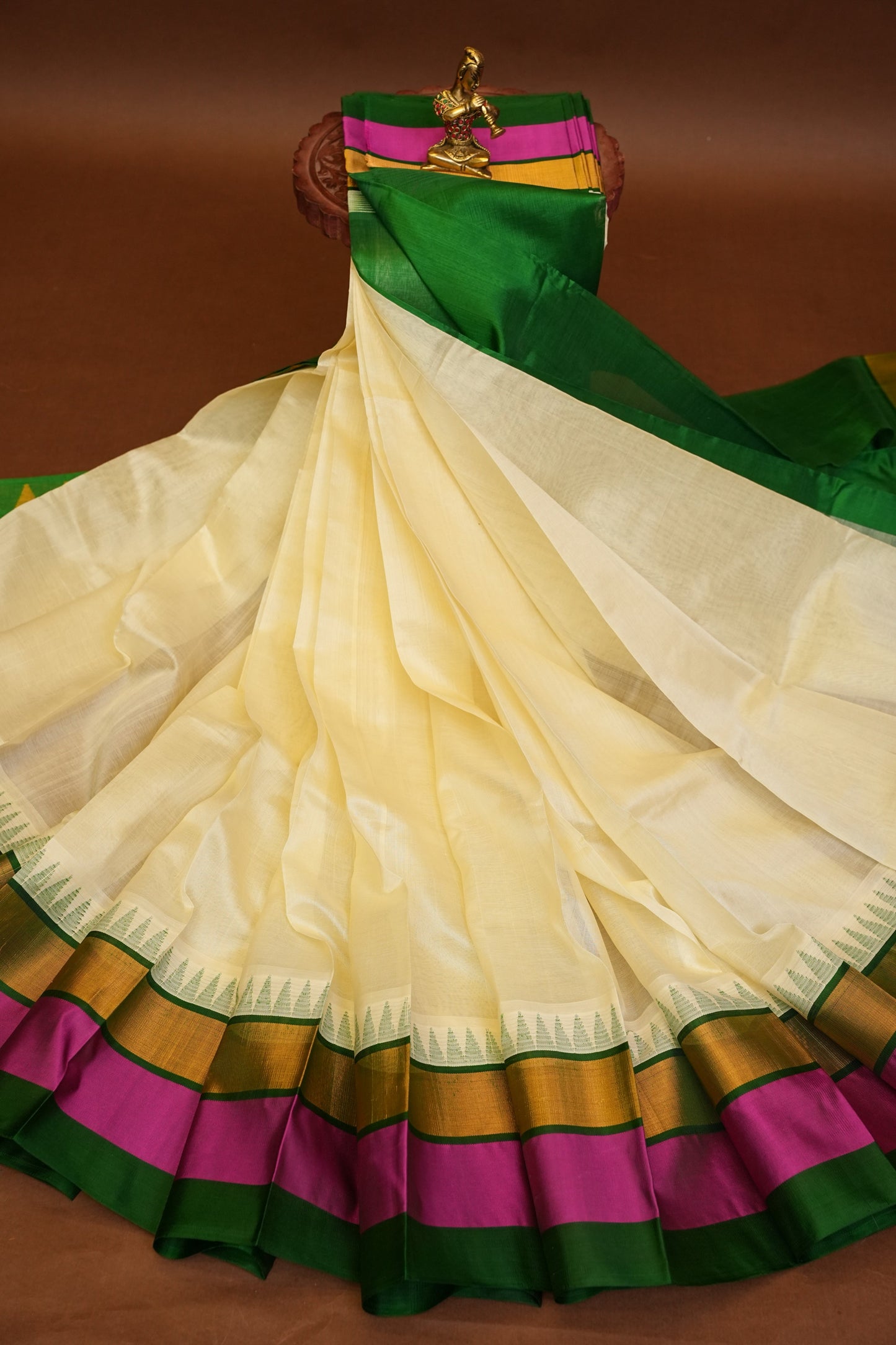 Pure Kuppadam Korvai Silk Cotton Pattu Saree-Ivory & Green