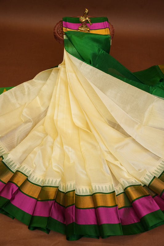 Pure Kuppadam Korvai Silk Cotton Pattu Saree-Ivory & Green