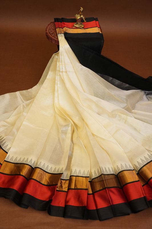 Pure Kuppadam Korvai Silk Cotton Pattu Saree-Ivory & Black