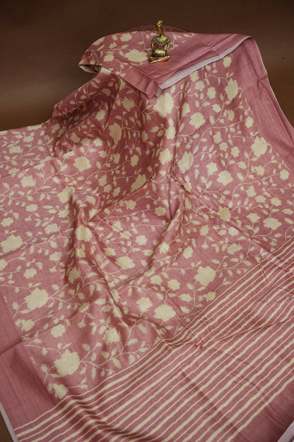 Semi Raw Silk Saree – Blush Pink Floral Elegance
