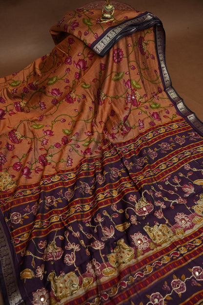 Chanderi Cotton Saree with Kalamkari Prints & Embroidered Pallu – Peach & Purple