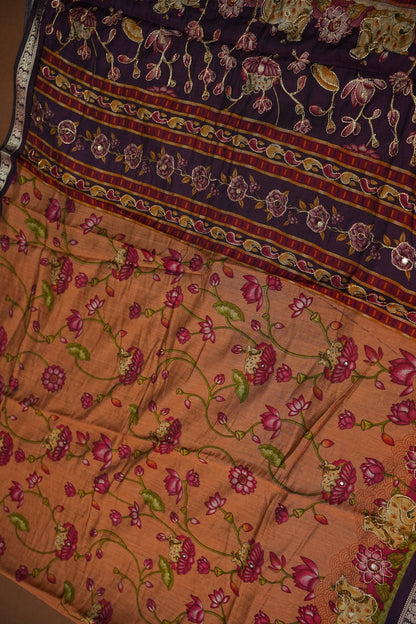 Chanderi Cotton Saree with Kalamkari Prints & Embroidered Pallu – Peach & Purple