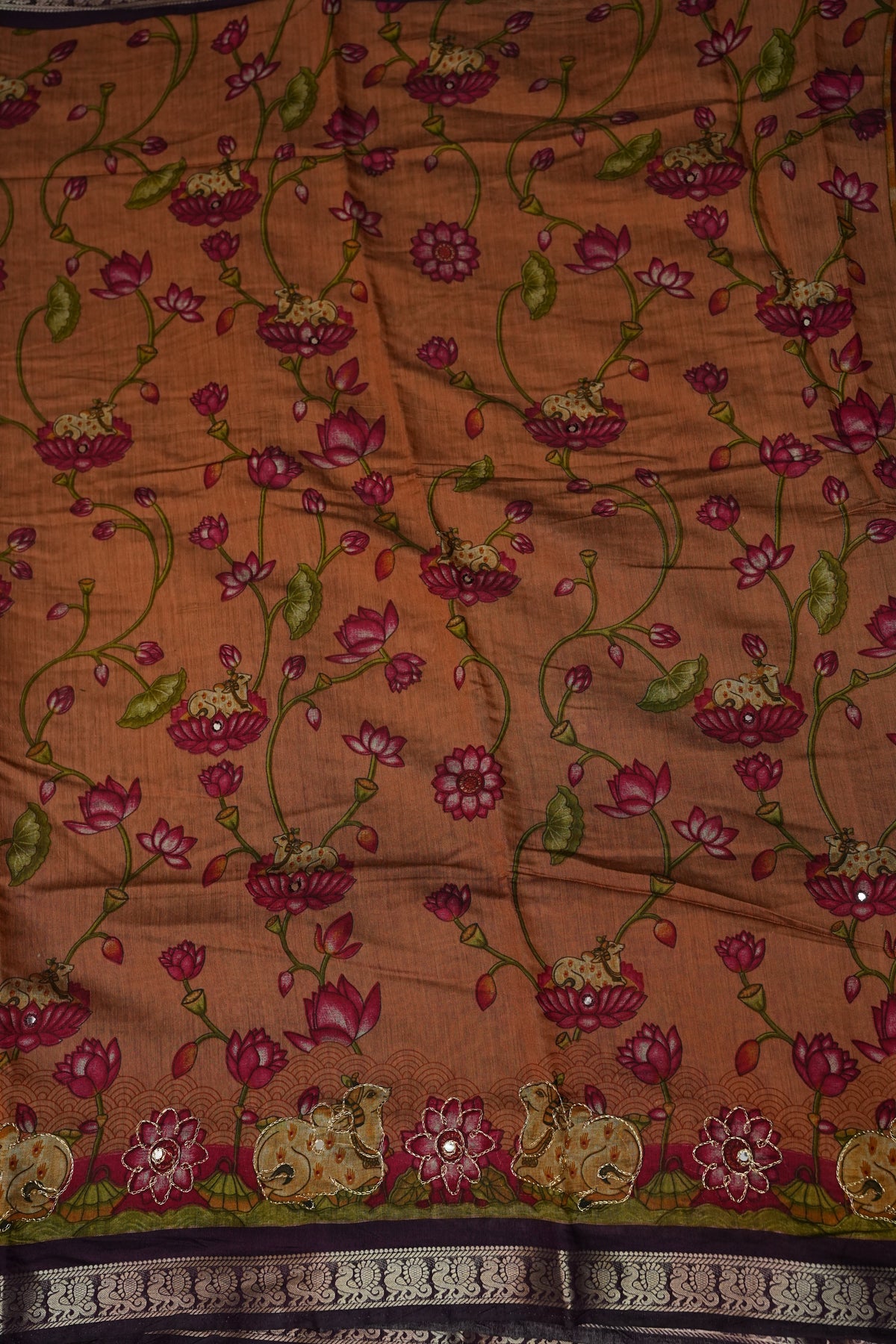 Chanderi Cotton Saree with Kalamkari Prints & Embroidered Pallu – Peach & Purple