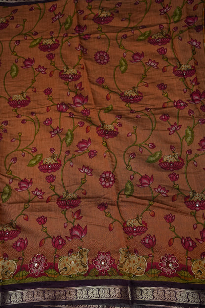 Chanderi Cotton Saree with Kalamkari Prints & Embroidered Pallu – Peach & Purple