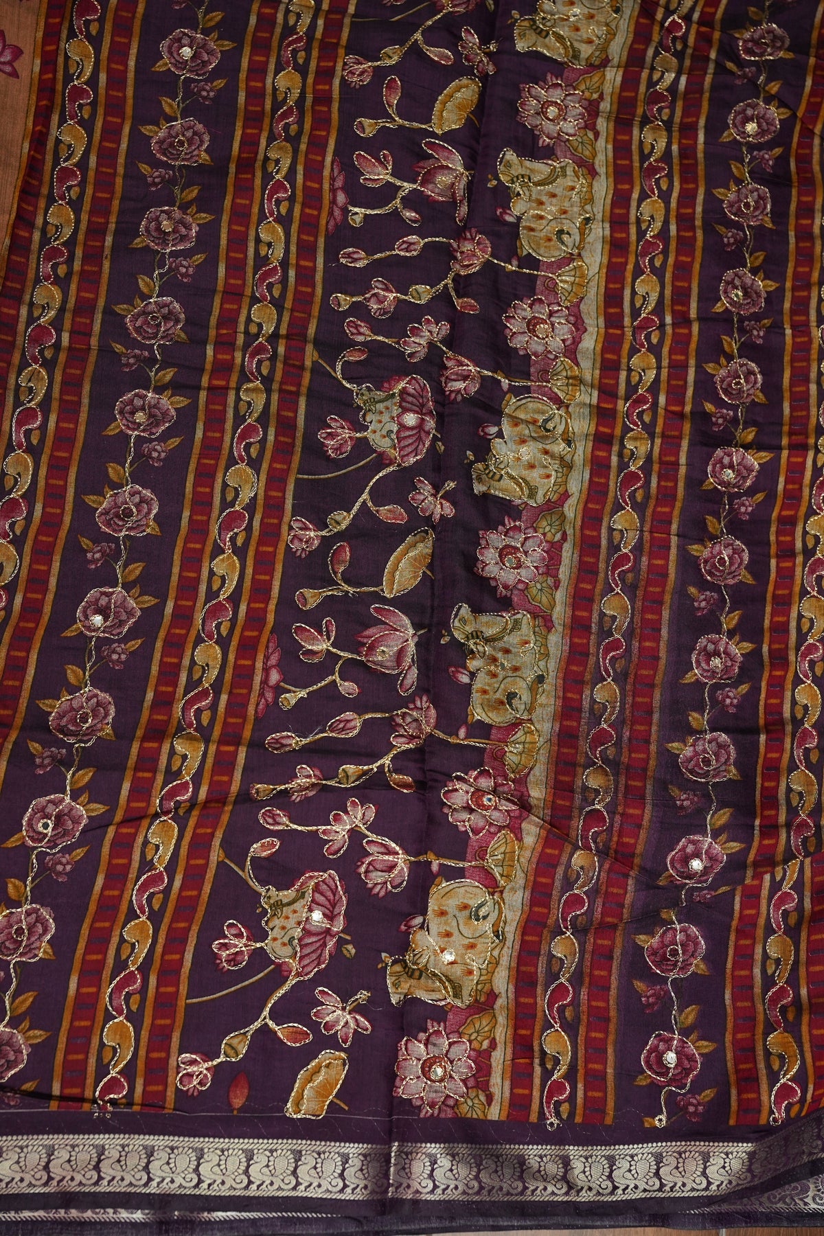 Chanderi Cotton Saree with Kalamkari Prints & Embroidered Pallu – Peach & Purple