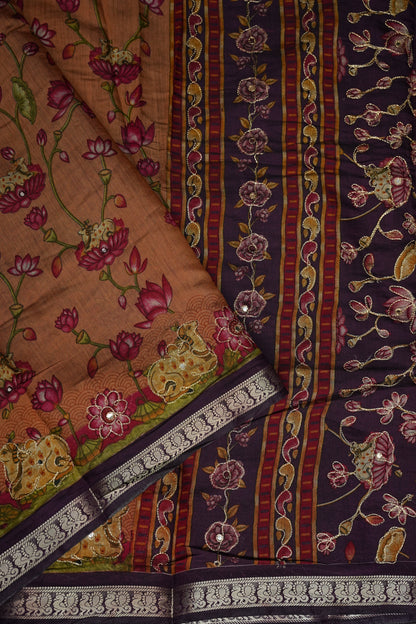 Chanderi Cotton Saree with Kalamkari Prints & Embroidered Pallu – Peach & Purple