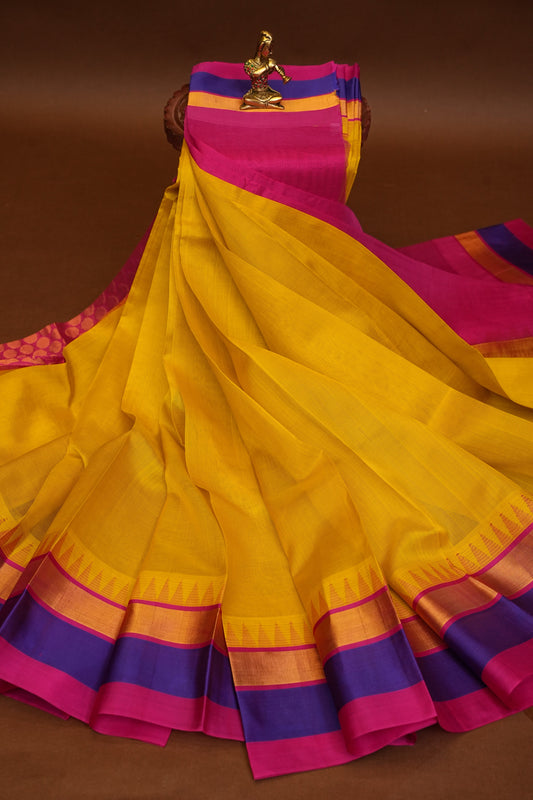 Pure Kuppadam Korvai Silk Cotton Pattu Saree-Yellow & Pink
