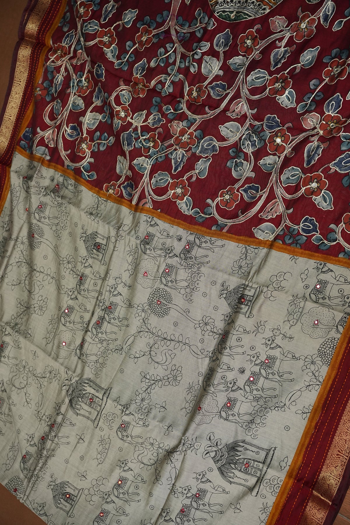 Chanderi Cotton Saree with Kalamkari Prints & Embroidered Pallu – Grey & Maroon